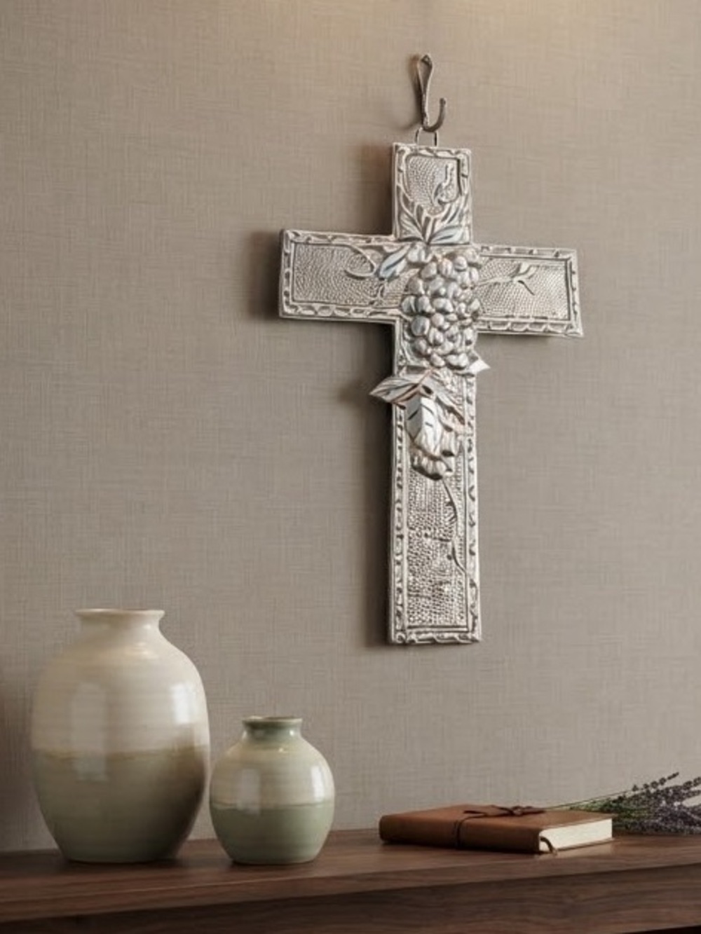 Cast Aluminum -Mexican Pewter Metal Cross Crucifix Grape